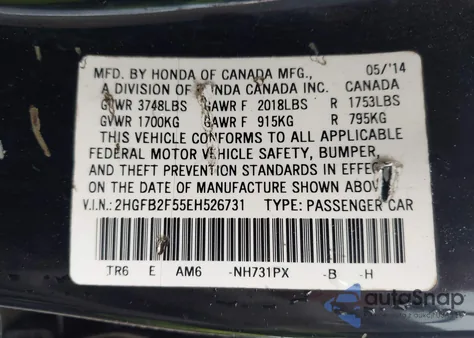 2014 Honda Civic Lx из США, поврежденный, VIN 2HGFB2F55EH526731